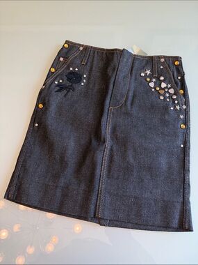 Coach 1941 Denim Embroidered Dark Wash Skirt Metal Hearts & Grommets Size 0